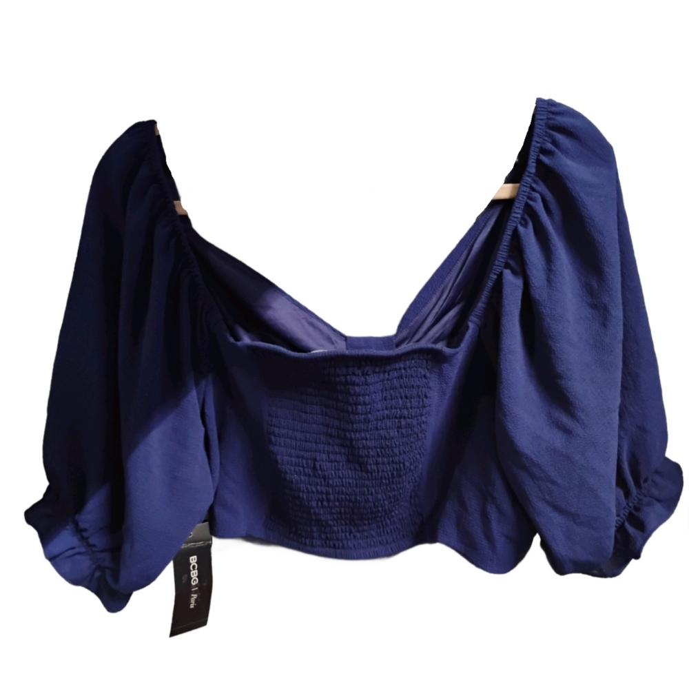BCBG Paris Blue Gathered Back Puff Sleeve Bow Front Crop Top - Picture 5 of 12